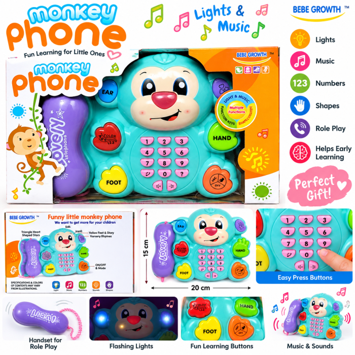 Monkey Phone Learning Toy for Little Ones – Lights, Music, Numbers & Shapes