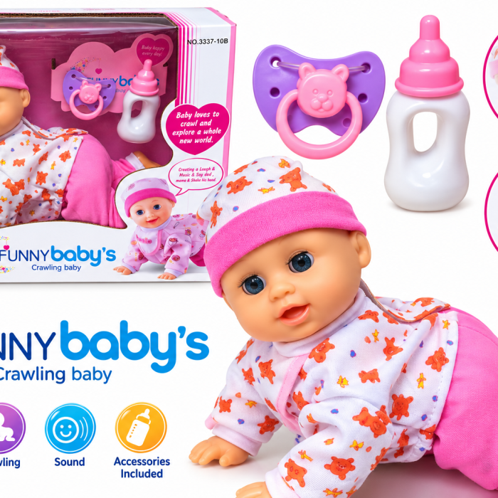 FUNNYbaby’s Crawling Baby Doll – Interactive Crawling, Music & Sound Toy with Bottle & Pacifier